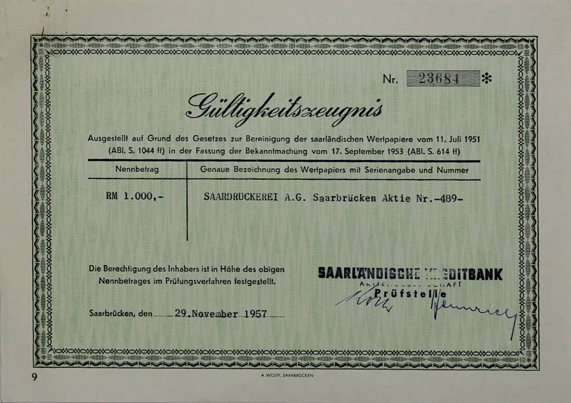 Seltene Aktie der Saardruckerei Aktiengesellschaft über 1000 Reichsmark, Ausgabedatum 27.10.1936, Ak - Bild 3 aus 5