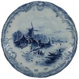 Villeroy & Boch, Großer Wandteller mit Delfter Dekor mit Windmühle und Brücke, Mettlach um 1890,