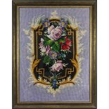 Stickbild, wohl Frankreich 19. Jh., auf Stramin, farbige Stickerei einer Kartusche mit Rosen, Blatt-