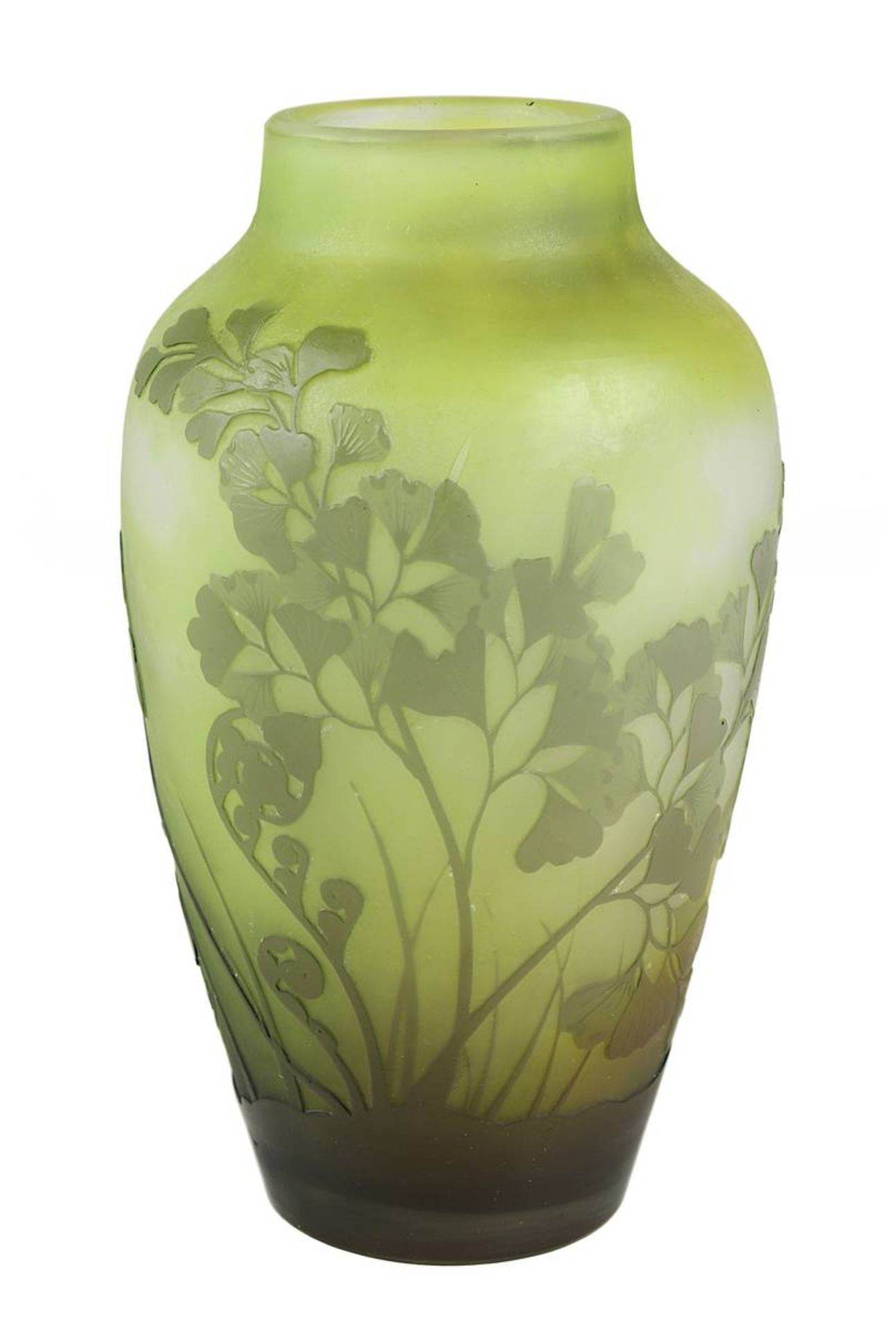 Gallé Jugendstil-Vase mit Farnmotiv, Nancy 1906-14, Klarglaskorpus innen mit grünbraunem