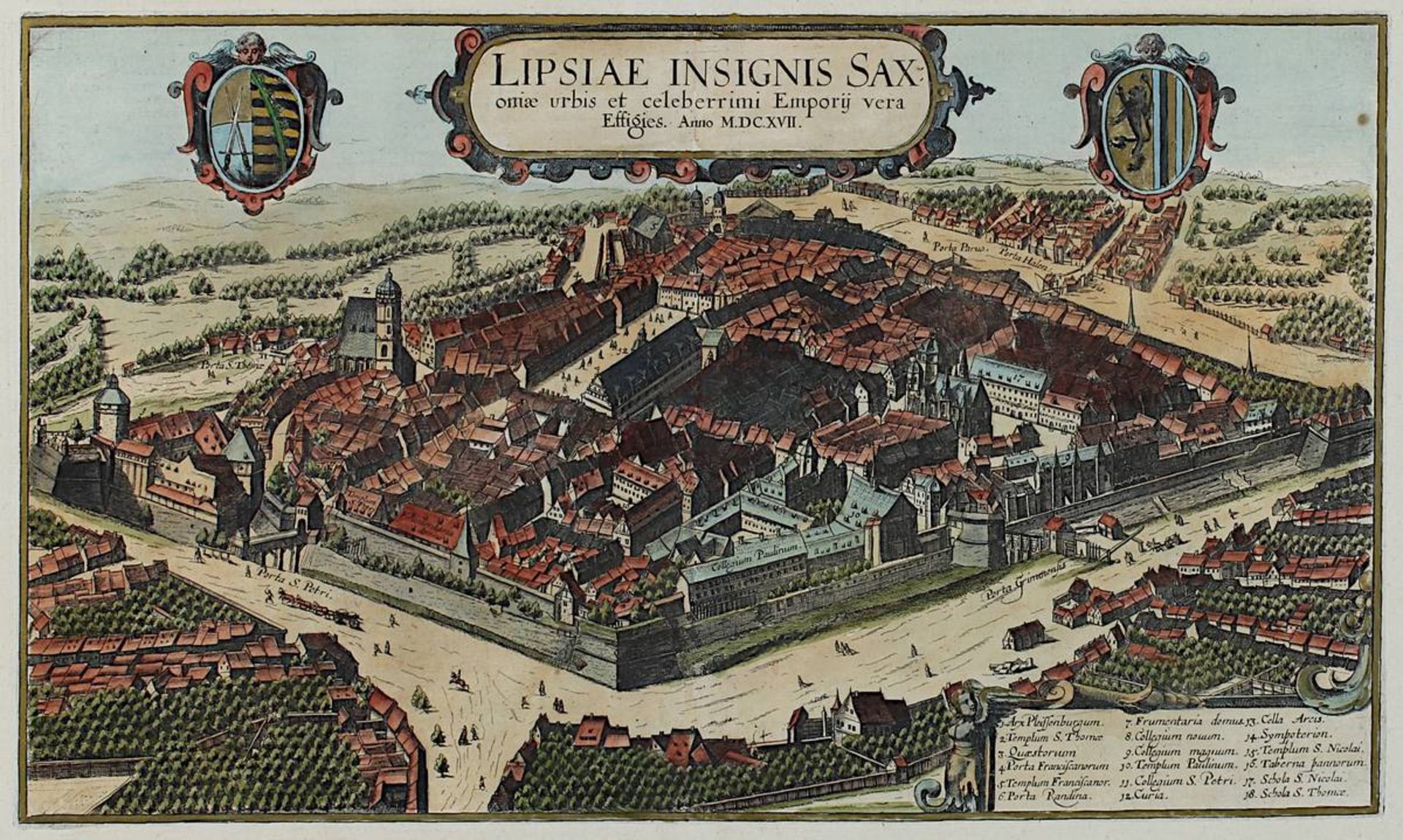 Leipzig-"Lipsiae Insignis Saxoniae ...", kolorierter Kupferstich, mit Wappen u. Legende, Braun - - Image 2 of 3