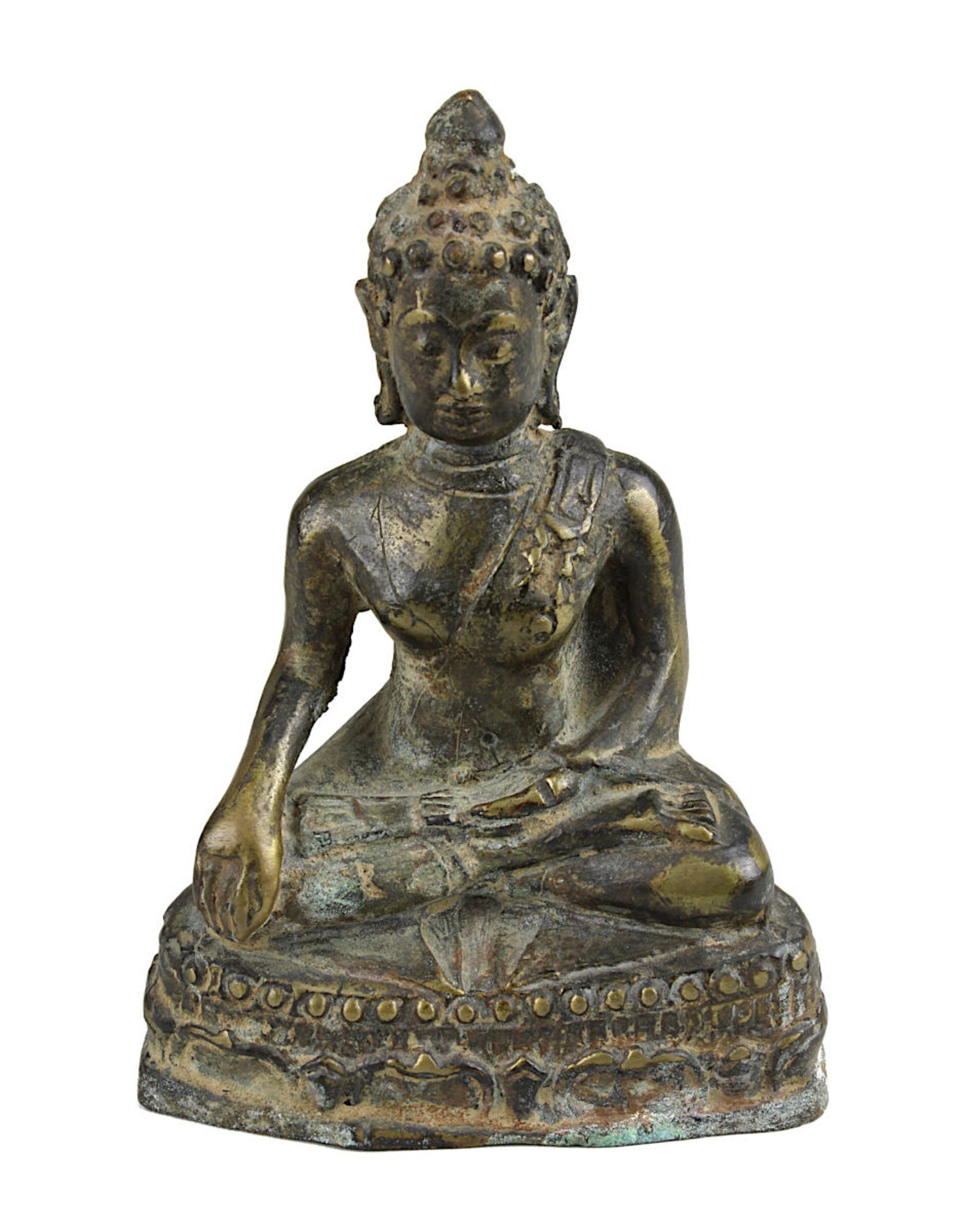 Buddha, Thailand, Bronzefigur im Mon-Dvaravati-Stil, sitzender Buddha in meditierender Haltung auf L