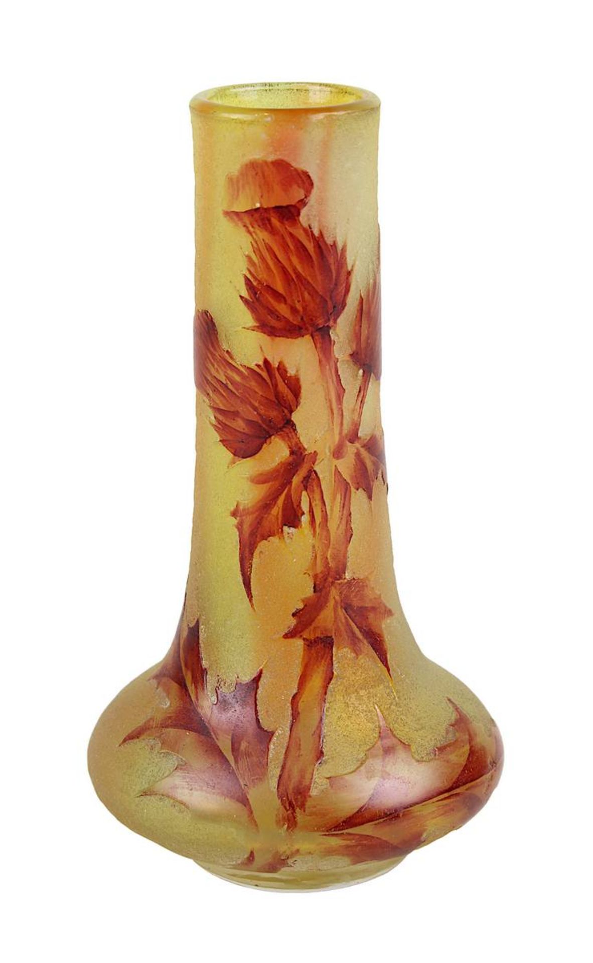 Daum Miniatur-Jugendstil-Vase mit Disteldekor, Nancy um 1905, Klar-Kristallglaskorpus, innen gelb-