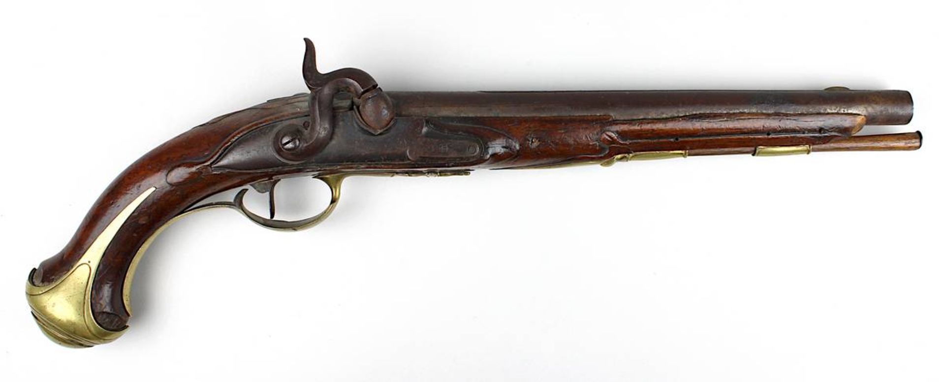 Perkussionspistole, 1. H. 19. Jh., Nussholzschäfftung, runder Lauf aus Eisen, Ladestock aus Holz, Sc