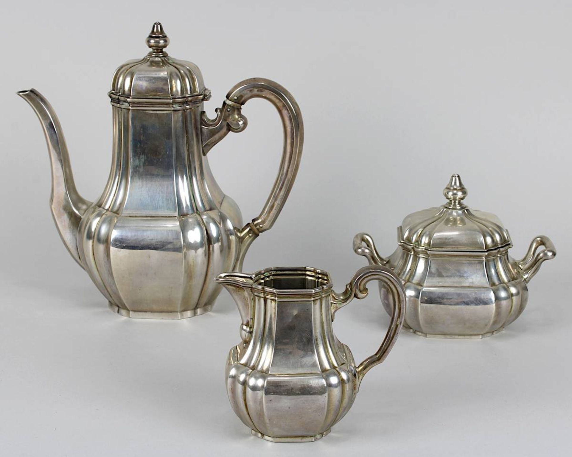 Dreiteilige Kaffeegarnitur, Art-Déco, deutsch 1930er Jahre, Koch &amp; Bergfeld Bremen, 800er Silber