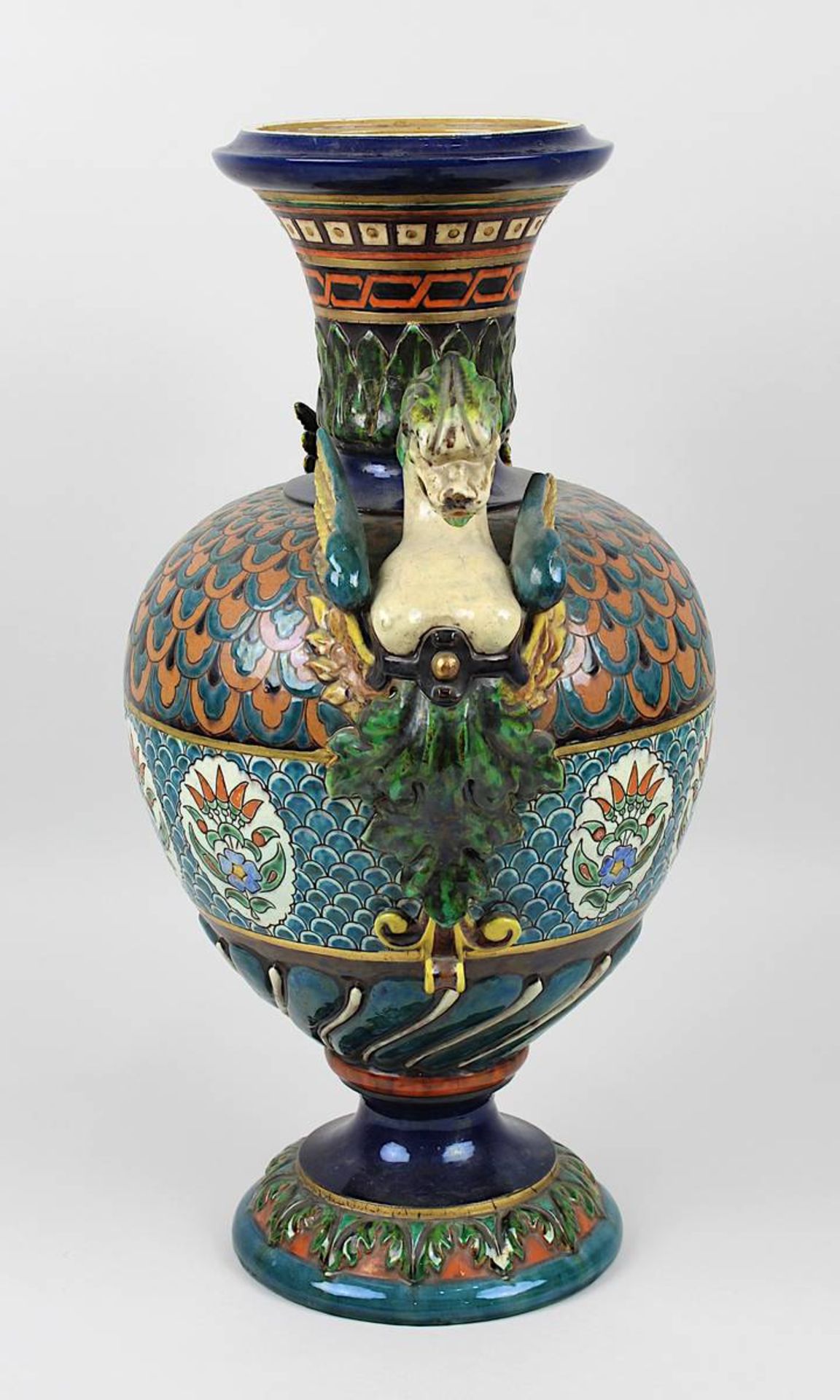 Johann Glatz, Keramik Prunk-Vase, Villingen um 1880, balusterförmiger Korpus, Keramik, heller - Image 2 of 5