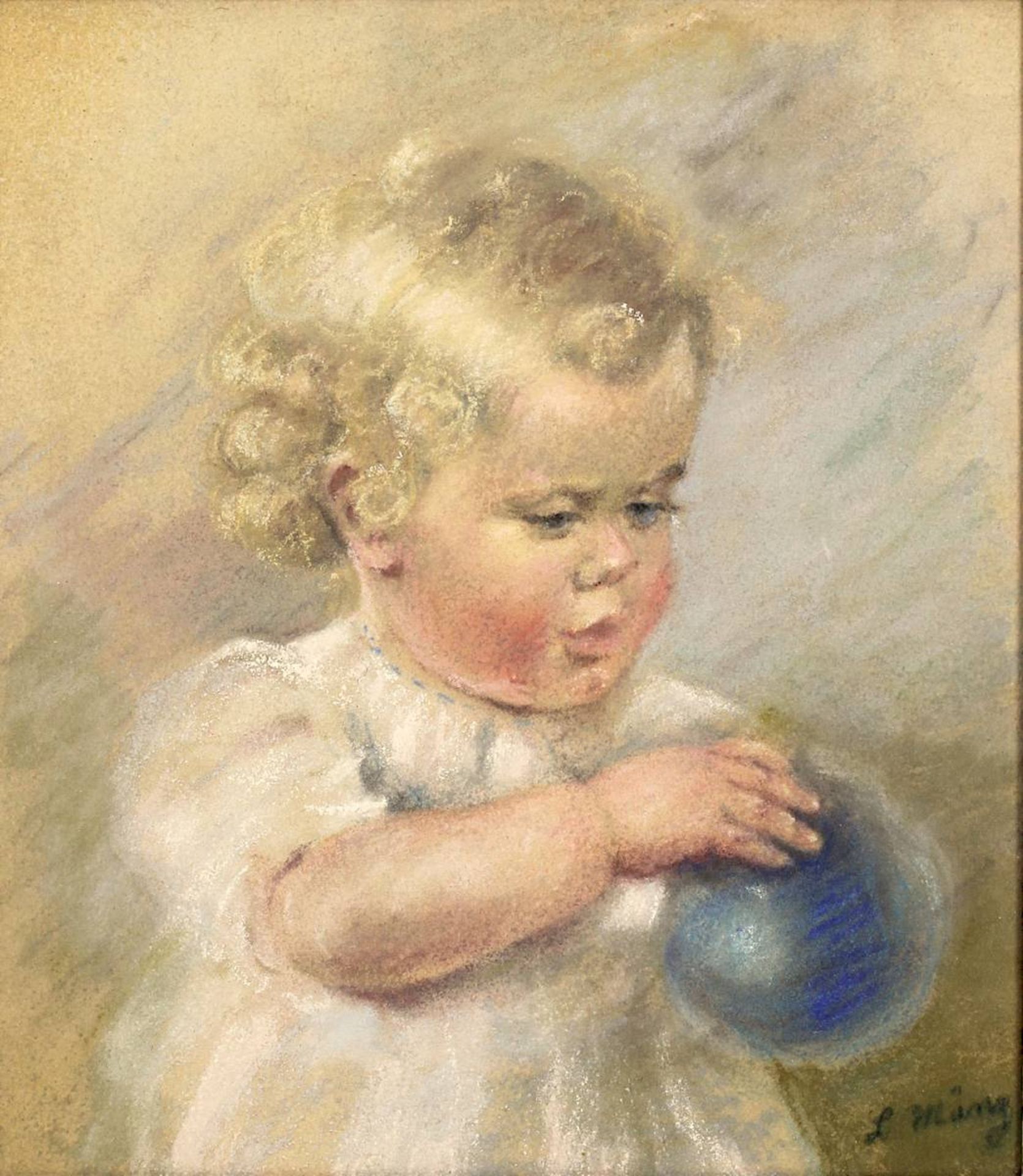 Münz, L., deutscher Bildnismaler 1. H. 20. Jh., Kleines Kind mit blauem Ball, Pastell, re. u. - Image 2 of 3