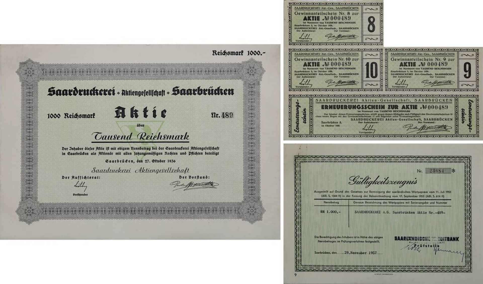 Seltene Aktie der Saardruckerei Aktiengesellschaft über 1000 Reichsmark, Ausgabedatum 27.10.1936, Ak