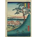 Hirokage, Utagawa (tätig um 1855 - 1865), Landschaft mit Personen u. Blick auf den Fuji,