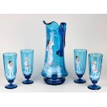 Saftkrug mit vier Gläsern, Deutschland oder Frankreich um 1890, mundgeblasenes, blau