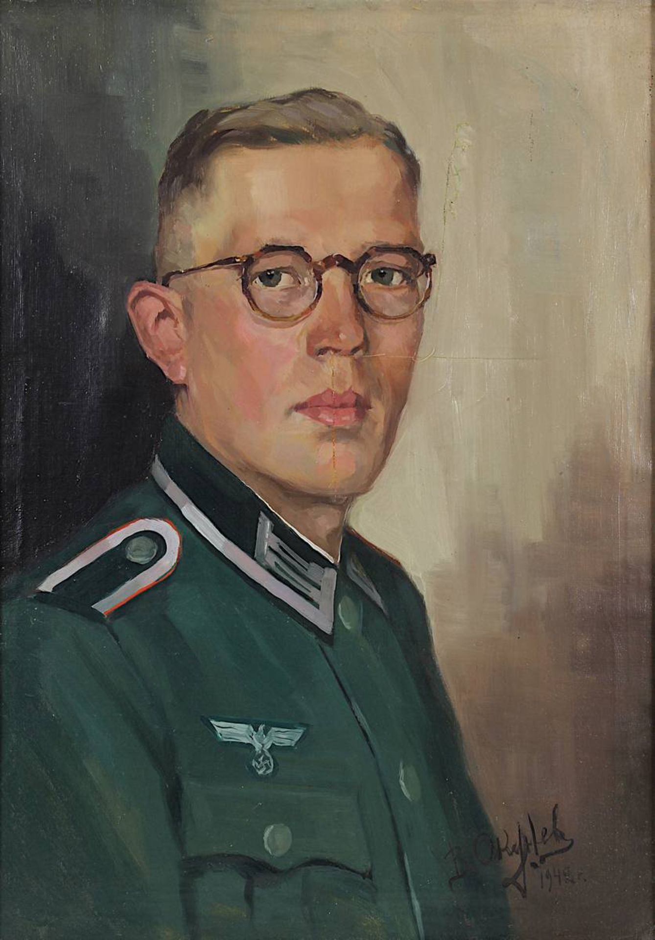 Maler 1. H. 20. Jh., Brustbild eines jungen Wehrmachtssoldaten in Uniform, Öl auf Leinwand, re. unt. - Image 2 of 3