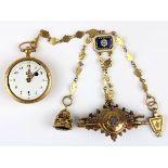 Goldene Damen-Spindel-Taschenuhr (defekt) mit Chatelaine, Schlüsselhalterung und Petschaft,