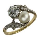 Gelbgold-Ring mit Perle und Diamanten, Frankreich um 1900, 18 kt nicht gepunzt, aber geprüft,