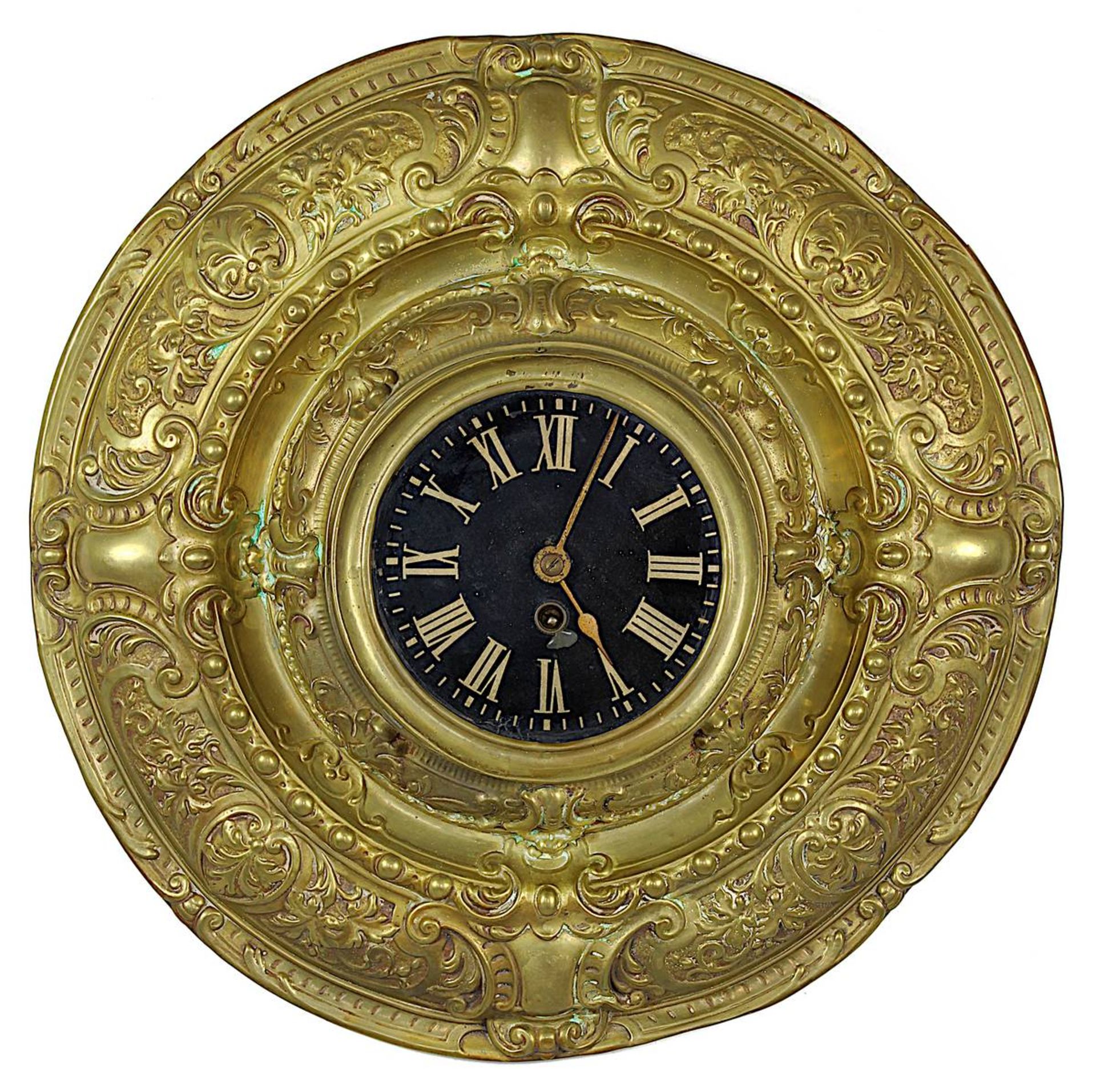 Lenzkirch Wanduhr mit Messing-Tellergehäuse, deutsch um 1880, tellerförmiges Gehäuse aus Messingblec