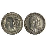 2 Münzen Deutsches Reich, Königreich Württemberg, 900er Silber, 1909 u. 1911, Münze zu 3 Mark,