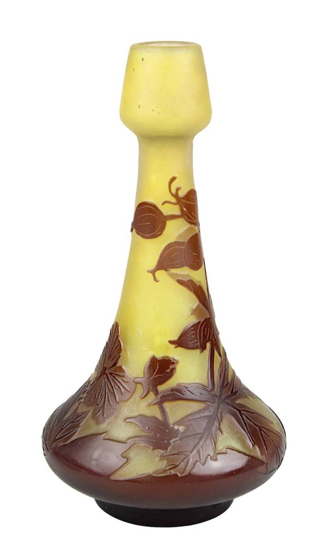Gallé Miniatur-Jugendstil-Vase mit Hibiskusdekor, Nancy 1914-20, Klarglaskorpus mit gelbem