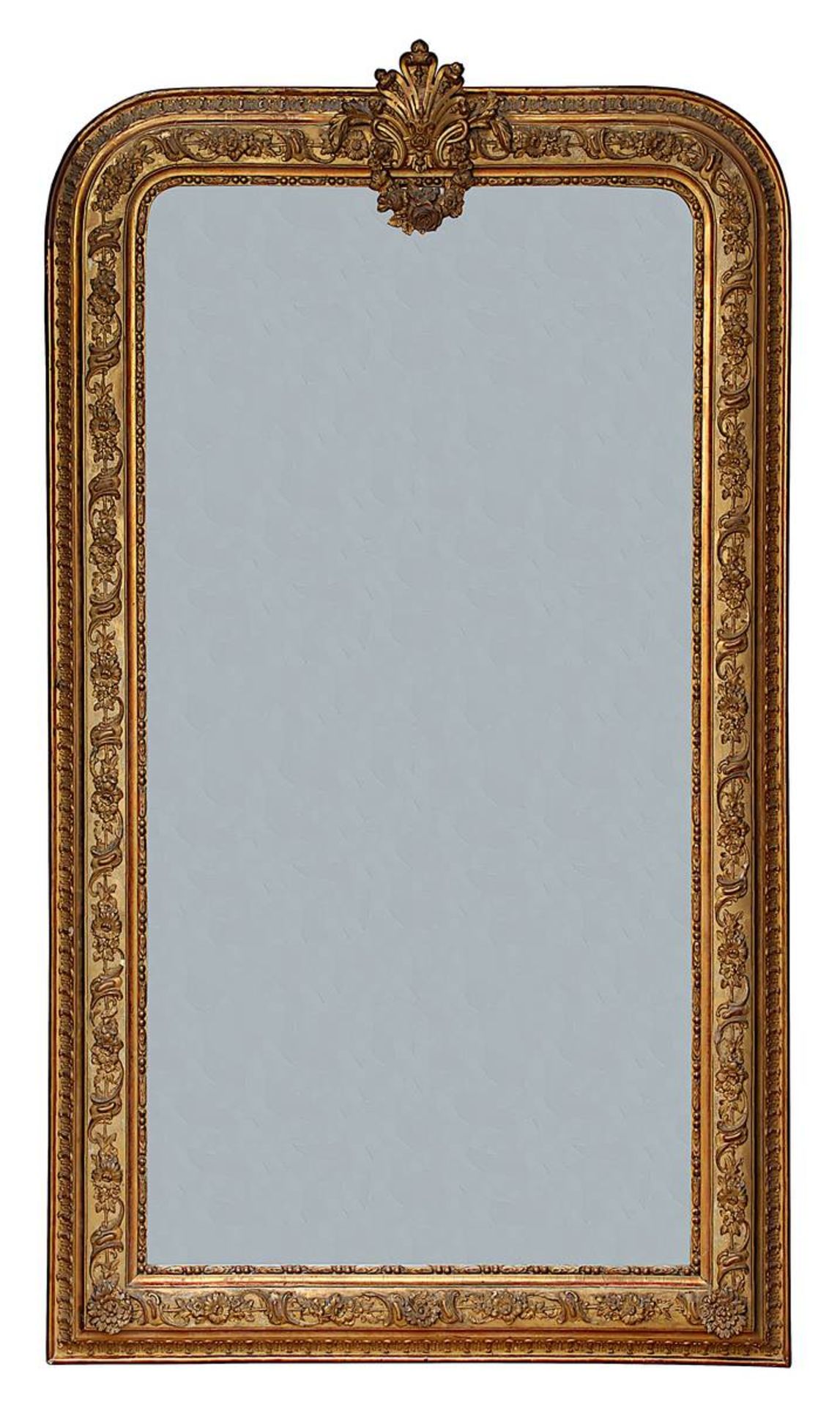 Großer Spiegel, Frankreich um 1860, hochrechteckige Form, am oberen Rand mit abgerundeten Ecken,