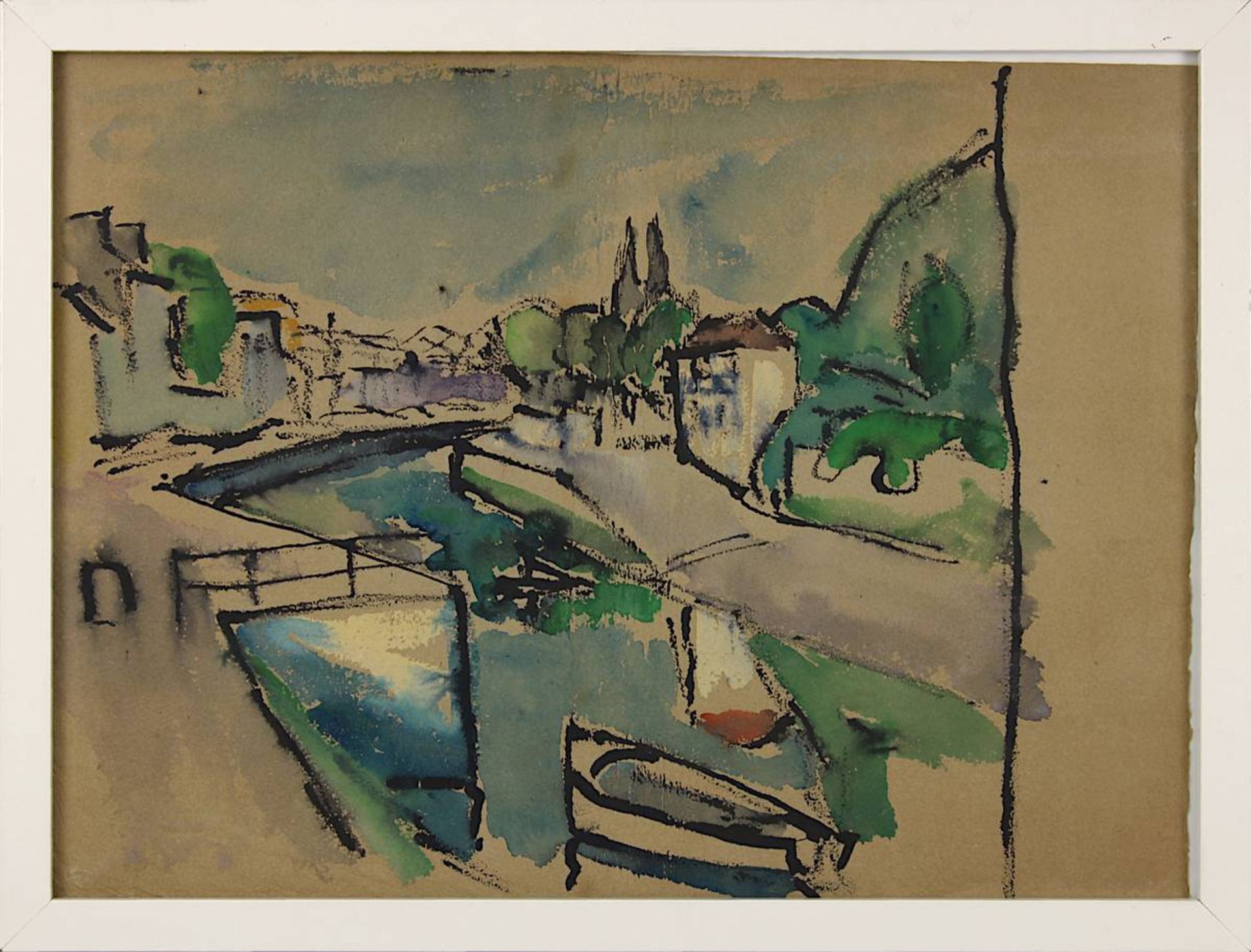 Berberich, Fritz (Schnappach 1909 - 1990 ebenda), Kanal in einer Stadt in der Bretagne, Aquarell