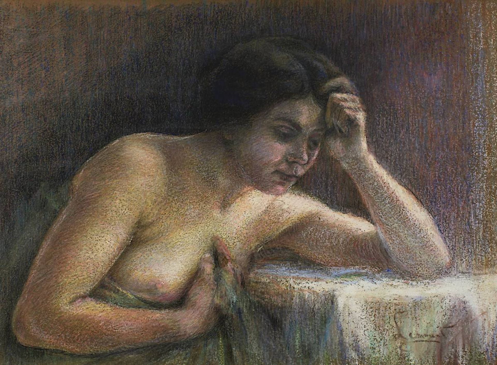Lemmen, Georges (wohl) (Schaerbeek 1865 - 1916 Uccle) Weiblicher Halbakt am Tisch, Pastell- - Image 2 of 4