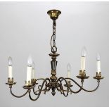 6-armige Deckenlampe aus Messing, 1. H. 20. Jh., H 69 cm, D 72 cm, Alters-und Gebrauchsspuren,