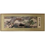 Großes Stickbild, China 2. H. 20. Jh., "Qingmin Shanghe Garten", mit Bogenbrücke, Dschunken,