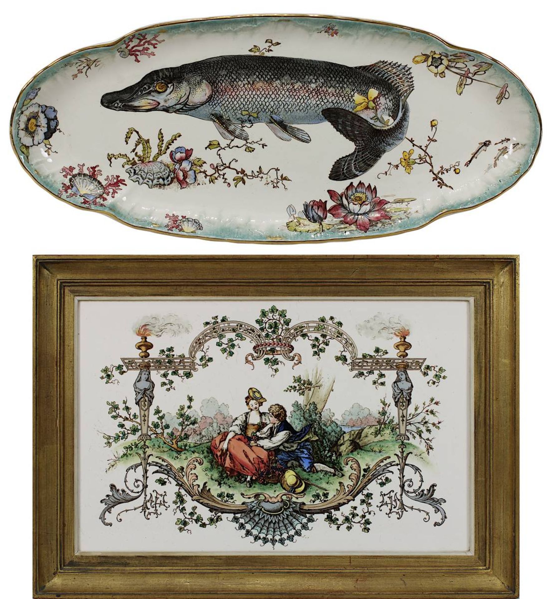 Villeroy & Boch Keramik-Wandbild und Fischplatte, Mettlach um 1890: Ovale Fischservierplatte,