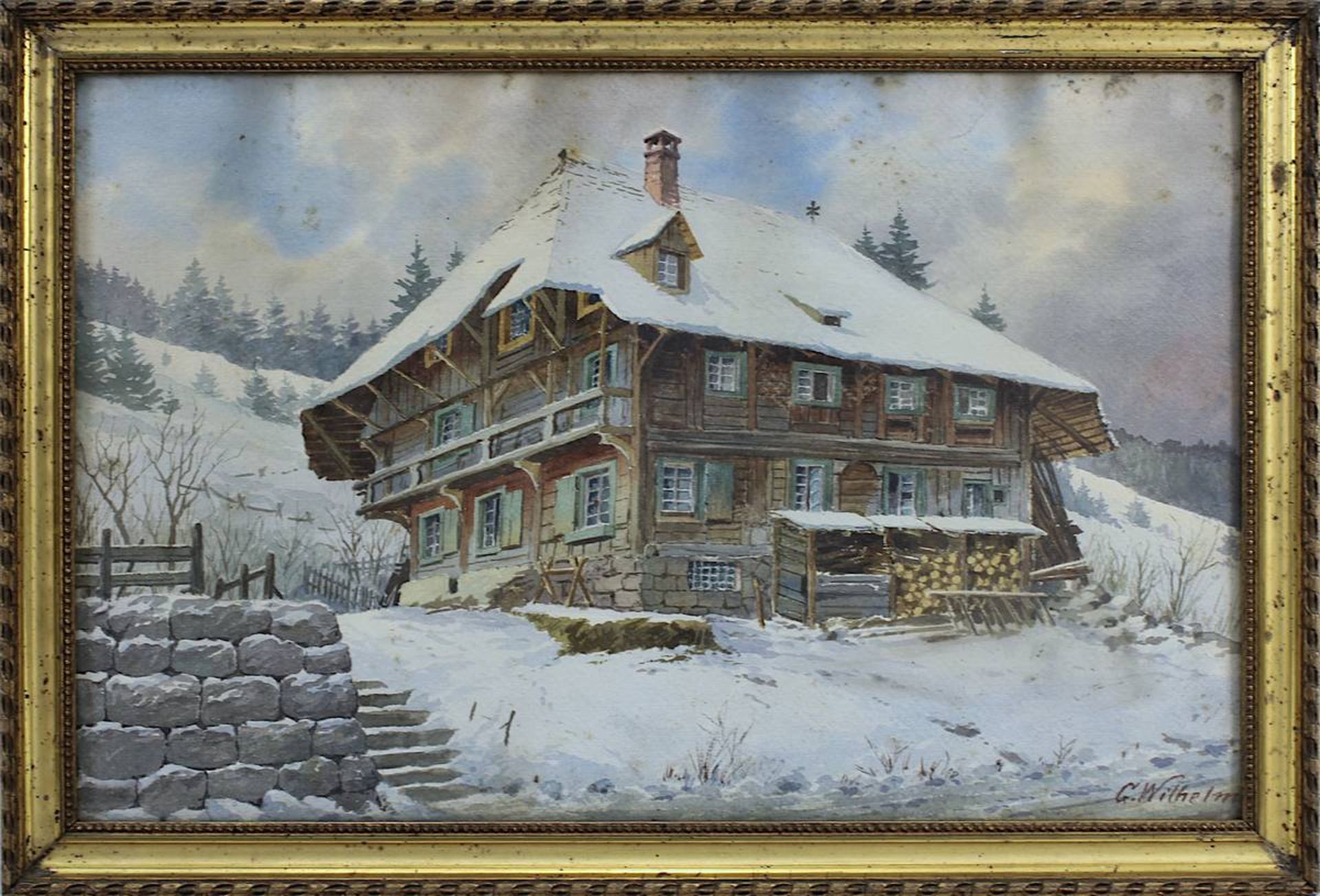 Wilhelm, G., Landschaftsmaler, Berghütte in Schneelandschaft, rechts unten signiert, 32 x 49 cm,