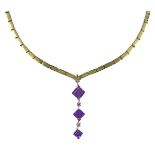 Bicolor-Collier mit Amethysten und Brillantbesatz, 585er Gelbgoldkette mit rechteckigen Gliedern,