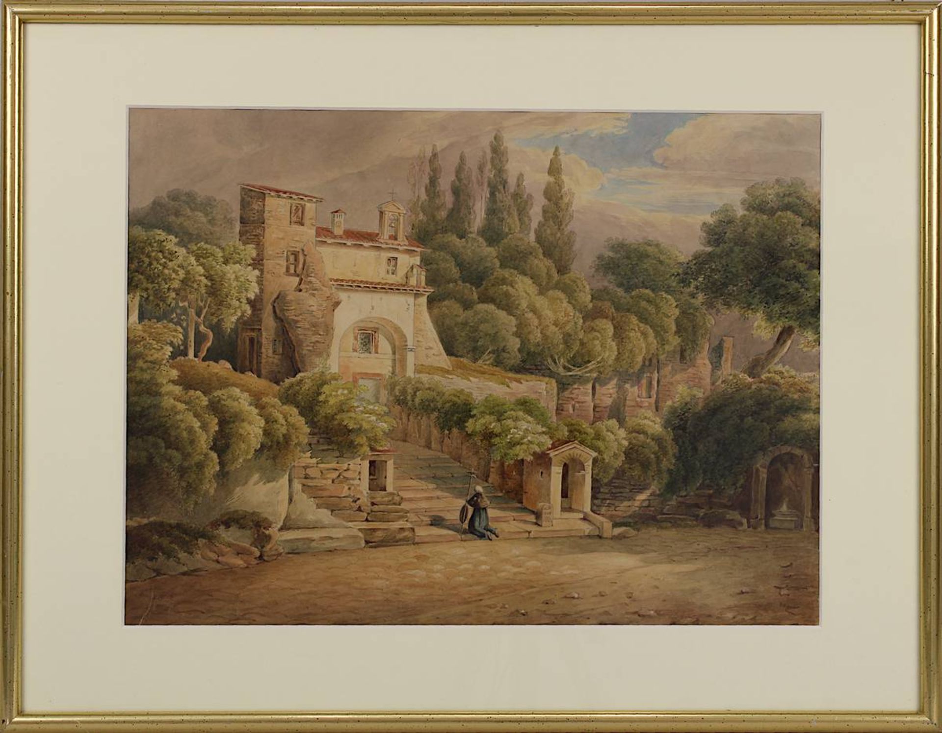 Von Boecklin, R., südliche Landschaft mit Klause u. Jakobspilger, Aquarell um 1840, 25,5 x 34,5