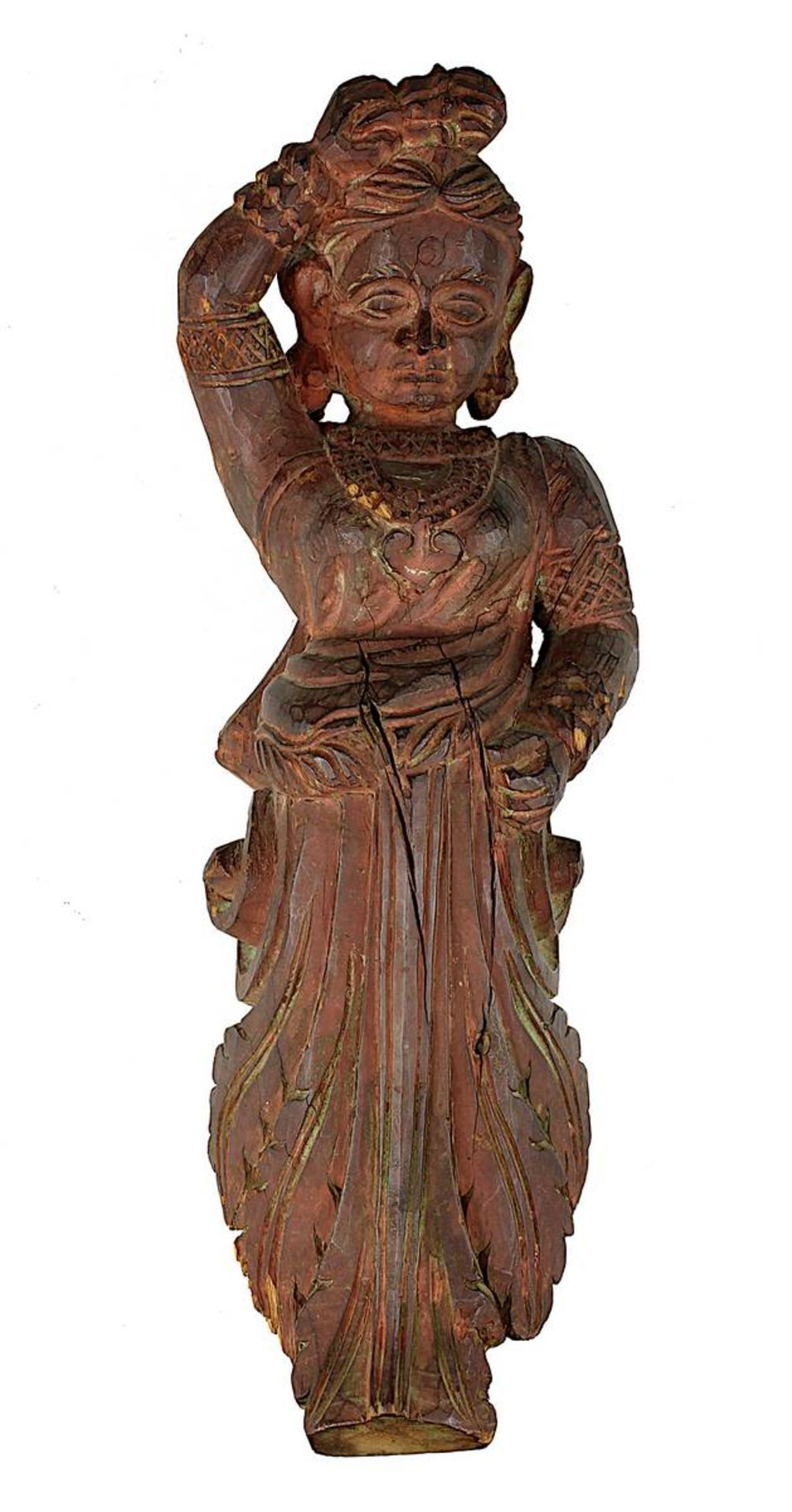 Geschmückte Frau als Karyatidenfigur, Südindien, 19. Jh., Holz geschnitzt, mit Farbresten und