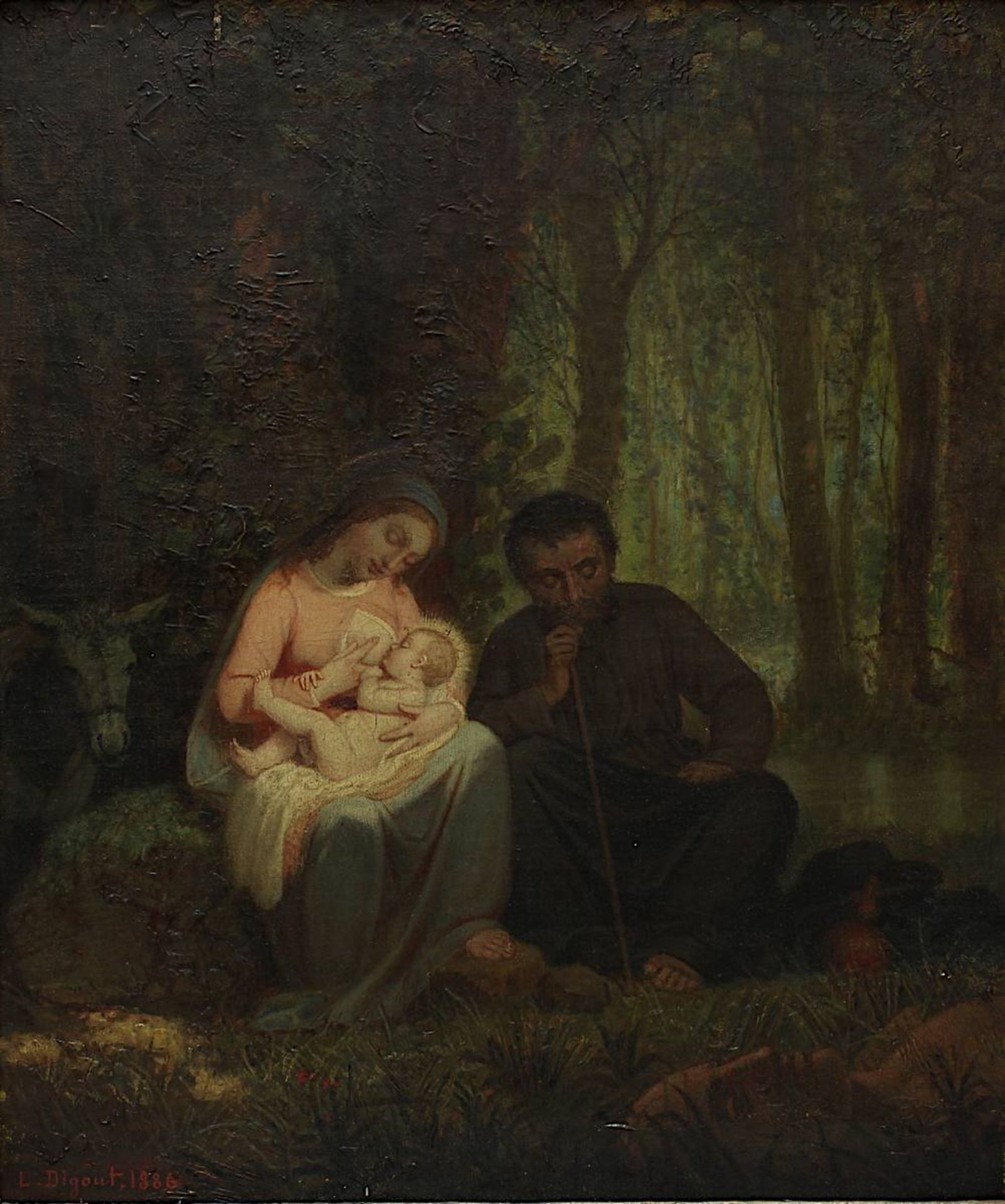 Digout, Louis-Joseph (Bourges 1821 - 1886 (?)) Stillende Maria mit Jesusknabe, Josef und Esel, Öl - Image 2 of 4