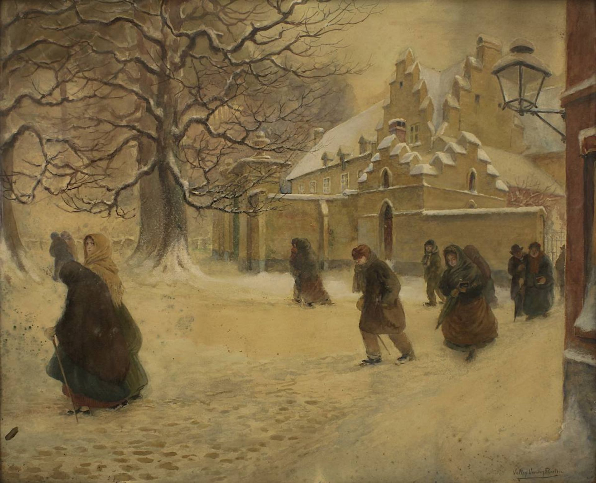 Vander Poorten, Valery (1875 - 1932) Winterliche Stimmung nach dem Kirchgang, um 1900, Aquarell, - Image 2 of 4