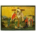 Ikone Abnahme Christi vom Kreuz, Russland Wolgagebiet 1. H. 19. Jh., Tempera auf Holz, dekorative