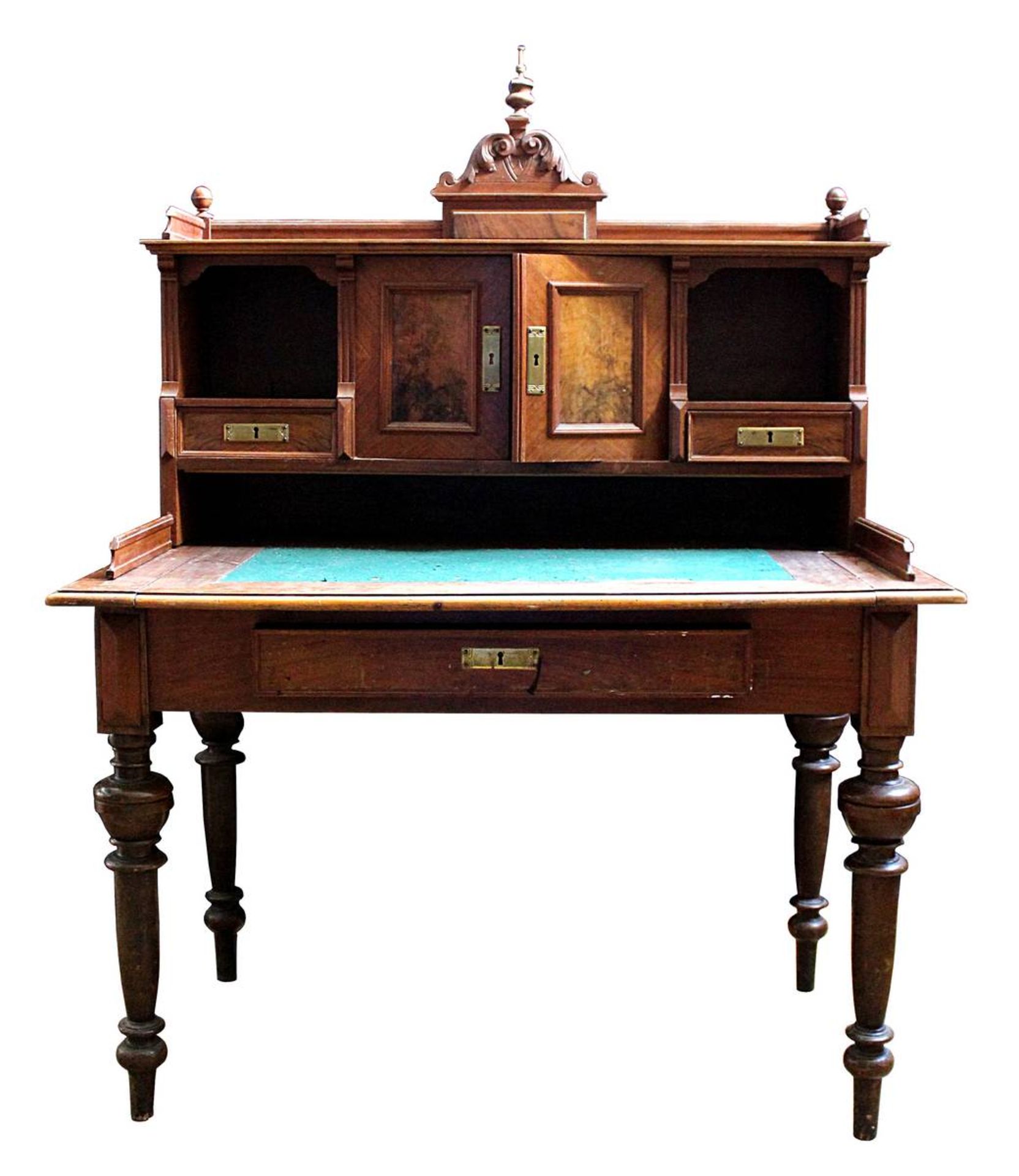 Gründerzeit-Schreibtisch, deutsch um 1880, Buche mit partiellem Nussholz-Furnier, auf 4