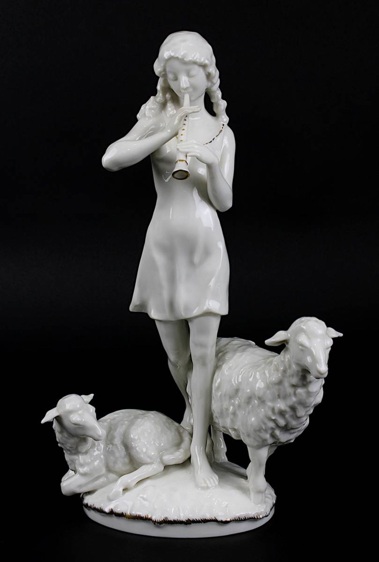 Junges Mädchen mit Flöte u. Schafen, Porzellanfigur, Hutschenreuther, Kunstabteilung 1930er Jahre,