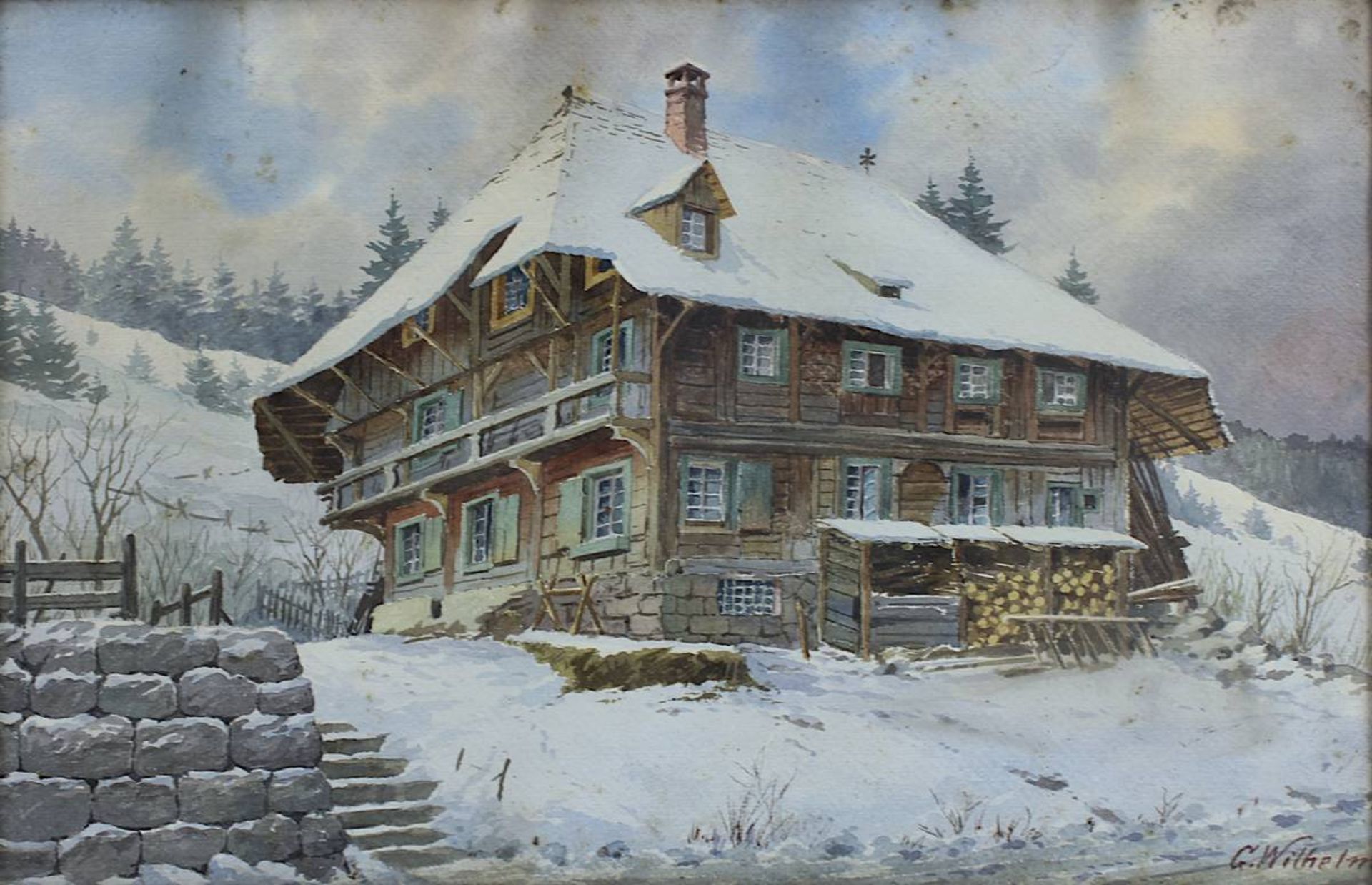 Wilhelm, G., Landschaftsmaler, Berghütte in Schneelandschaft, rechts unten signiert, 32 x 49 cm, - Image 2 of 4