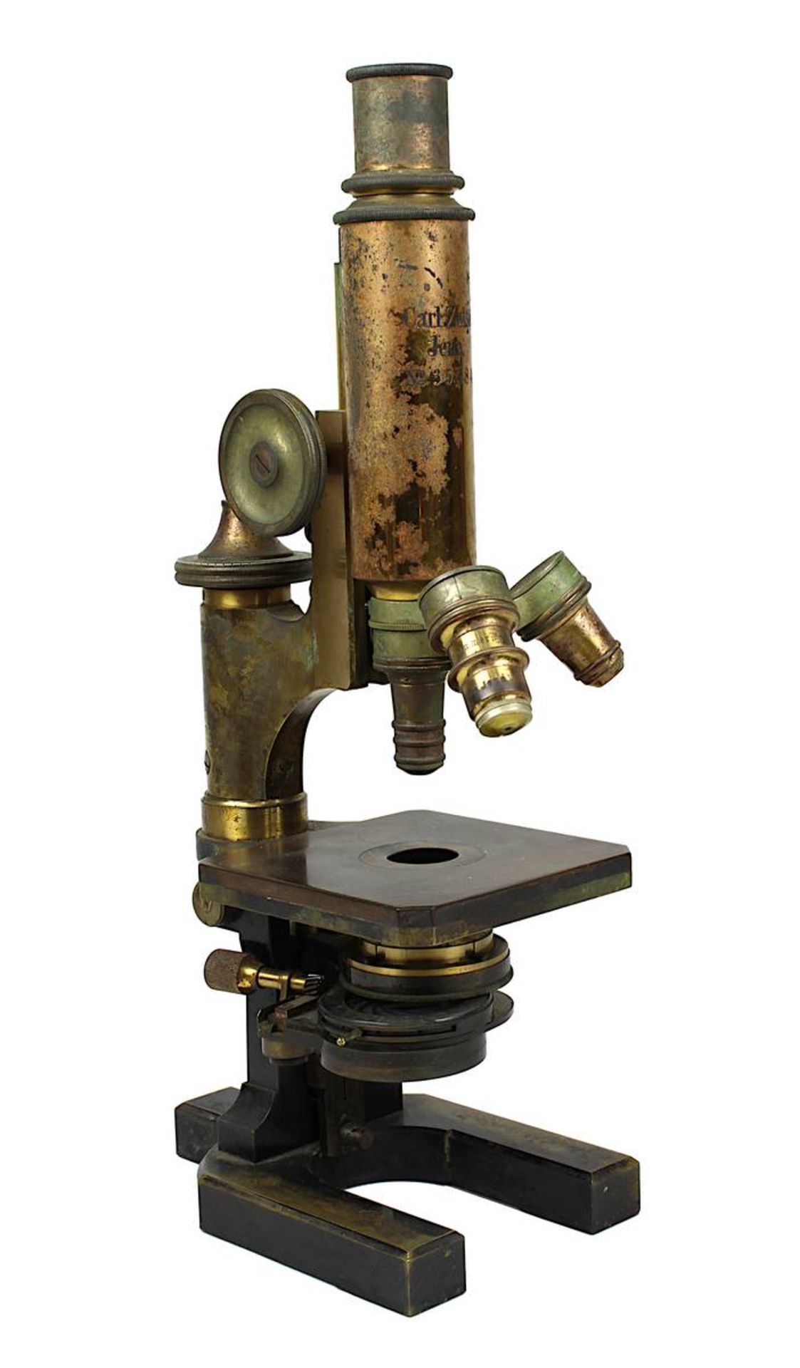 Mikroskop Carl Zeiss Jena, um 1900, Messing, mit drehbaren Dreifach-Revolver, Fuß teils