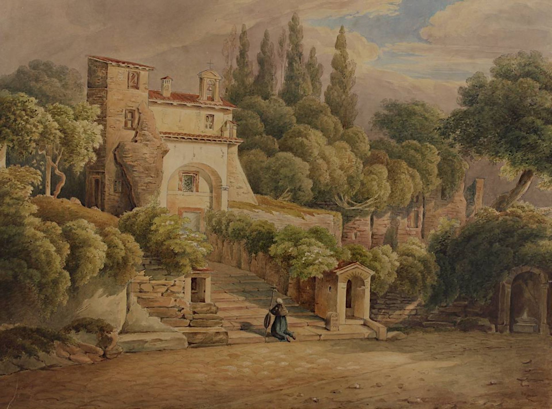 Von Boecklin, R., südliche Landschaft mit Klause u. Jakobspilger, Aquarell um 1840, 25,5 x 34,5 - Image 2 of 2