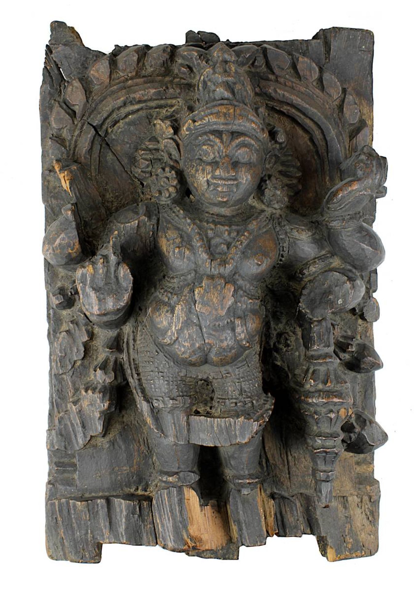 Holzrelief des Gottes Vishnu, Südindien 18./19. Jh., aus schwerem Holz geschnitztes Relief der