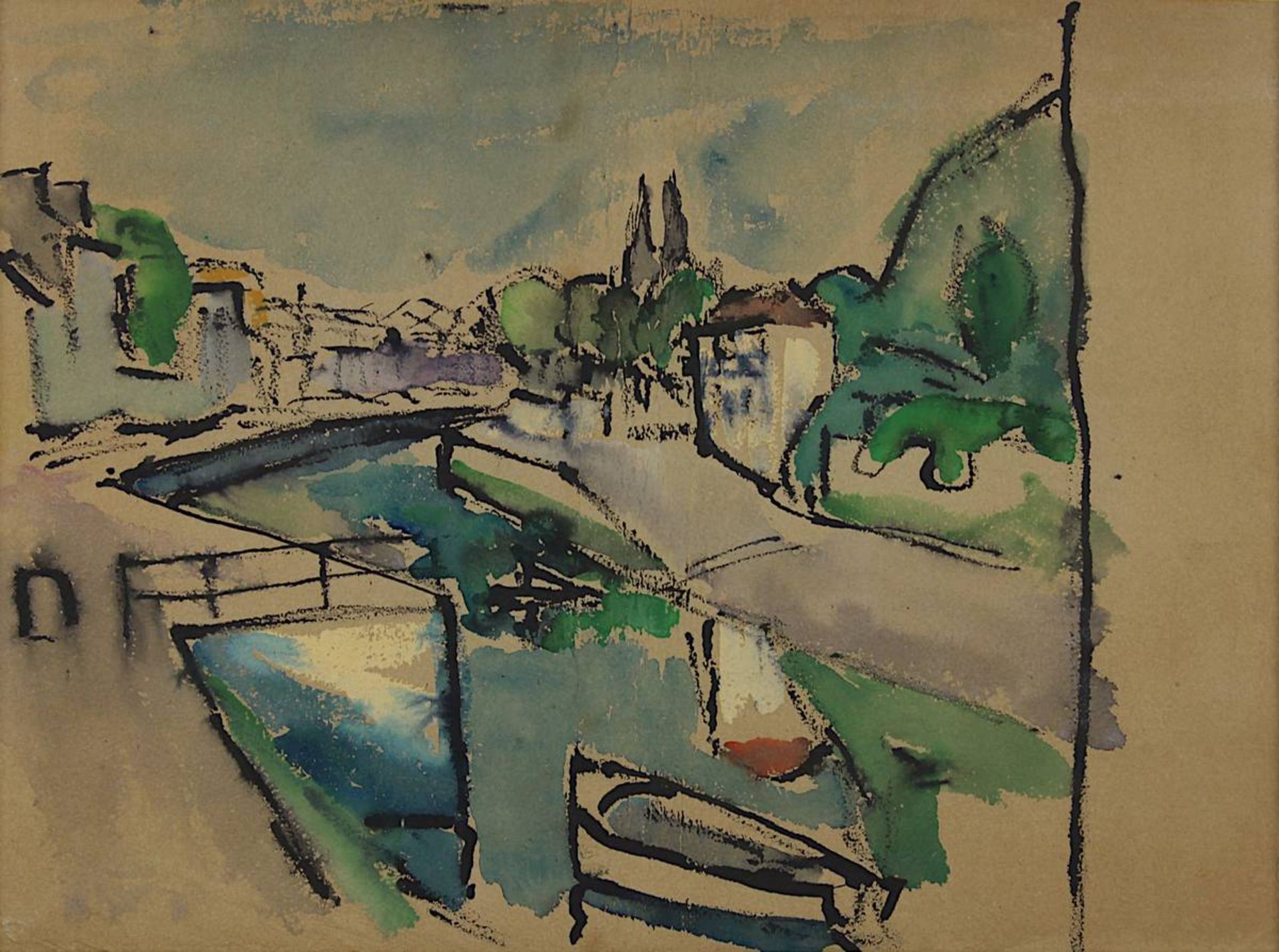 Berberich, Fritz (Schnappach 1909 - 1990 ebenda), Kanal in einer Stadt in der Bretagne, Aquarell - Image 2 of 2