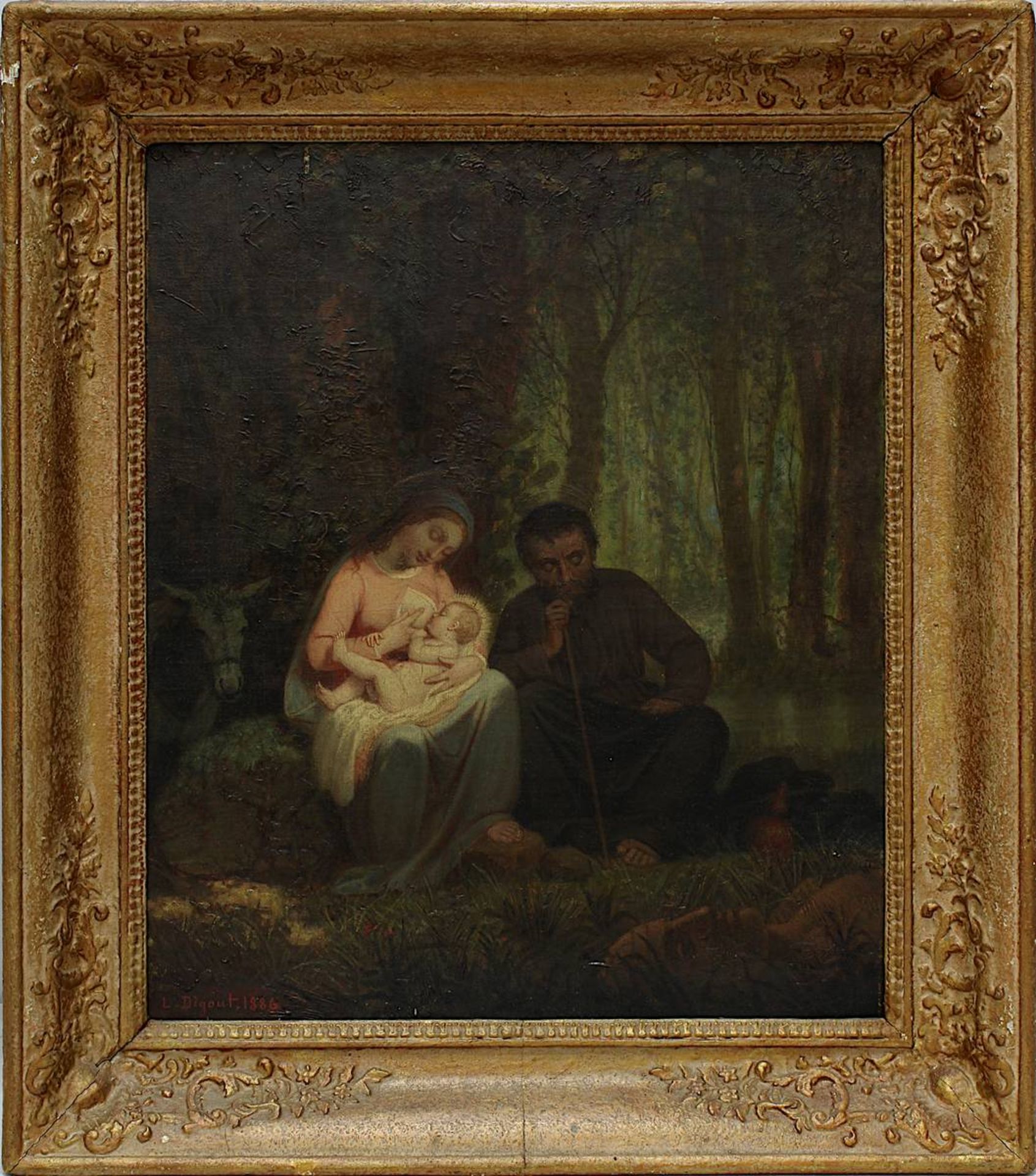 Digout, Louis-Joseph (Bourges 1821 - 1886 (?)) Stillende Maria mit Jesusknabe, Josef und Esel, Öl