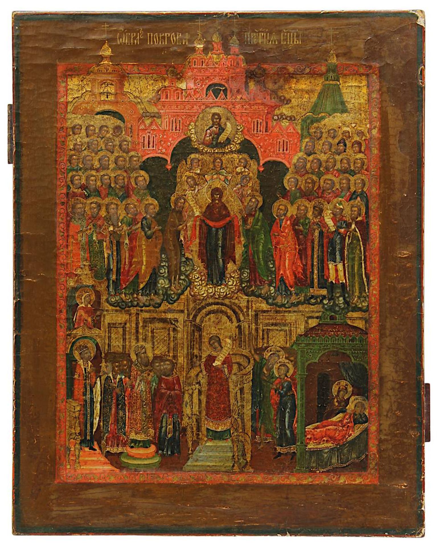 Ikone der Gottesmutter Pokrov, Russland Pskow-Gebiet, Ende 18./Anf. 19. Jh., Tempera auf Holz,
