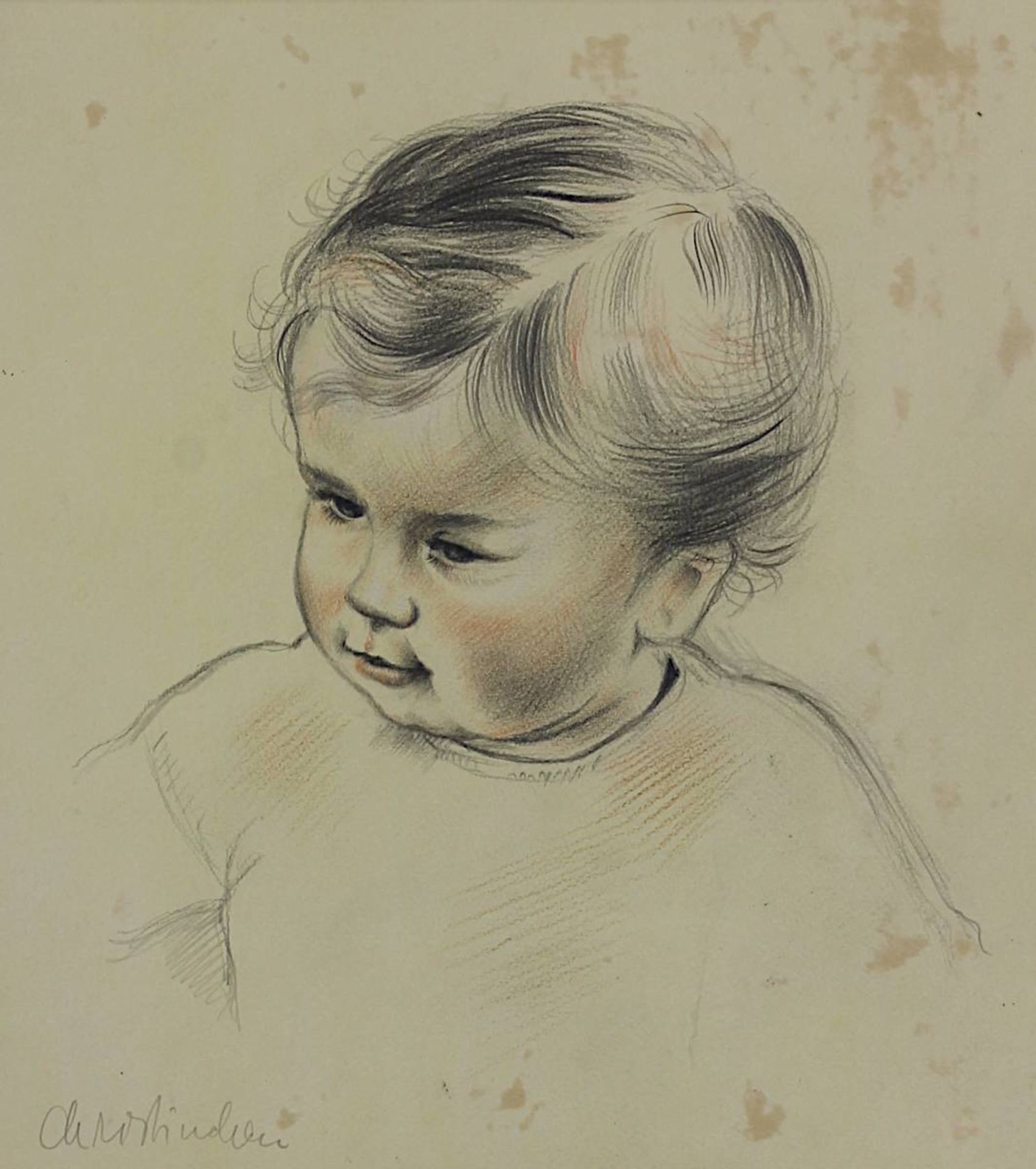 Zeichner M. 20. Jh. "Christinchen", Schulterstück eines kleinen Mädchens in Graphit u. Rötel, - Image 2 of 2