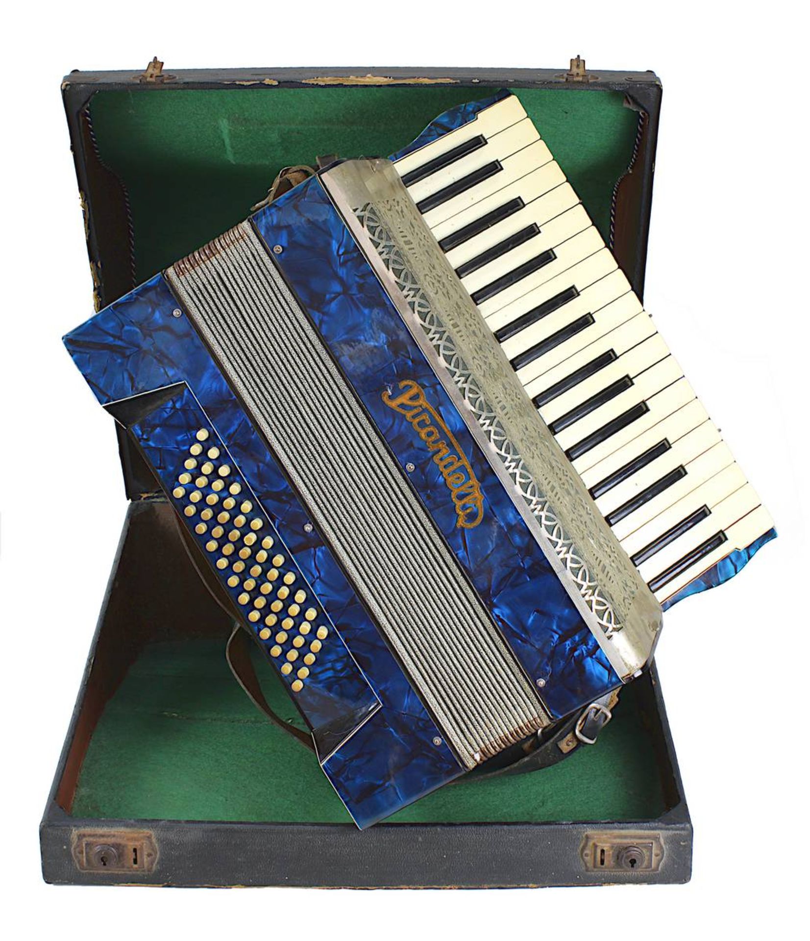 Akkordeon Picandelli im Originalkasten, um 1930, Zelluloidgehäuse in blauer Perlmutt - Anmutung,