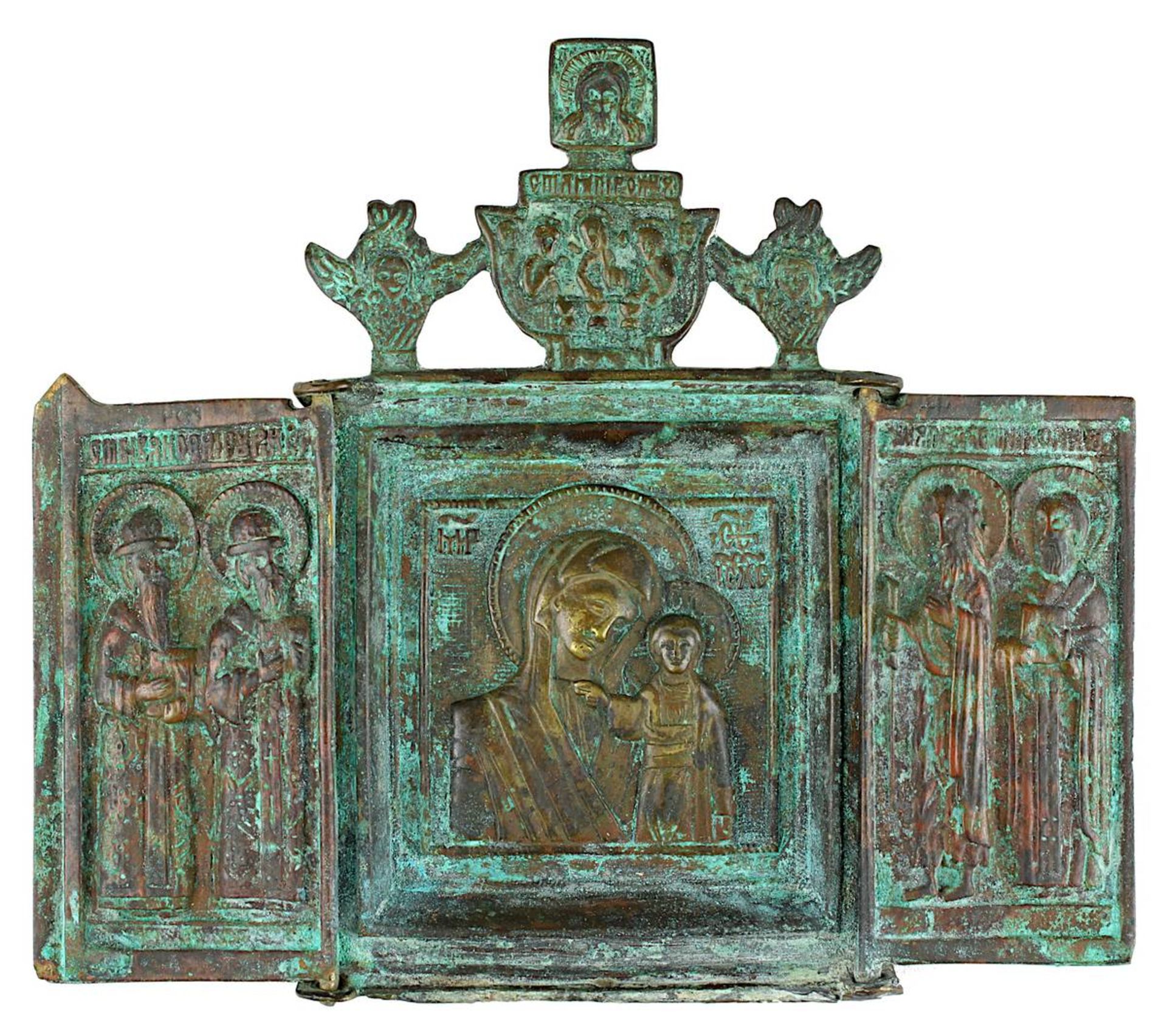 Bronze-Triptychon, Russland 1. H. 19. Jh., als kleiner Flügelaltar, mittig Bildnis der