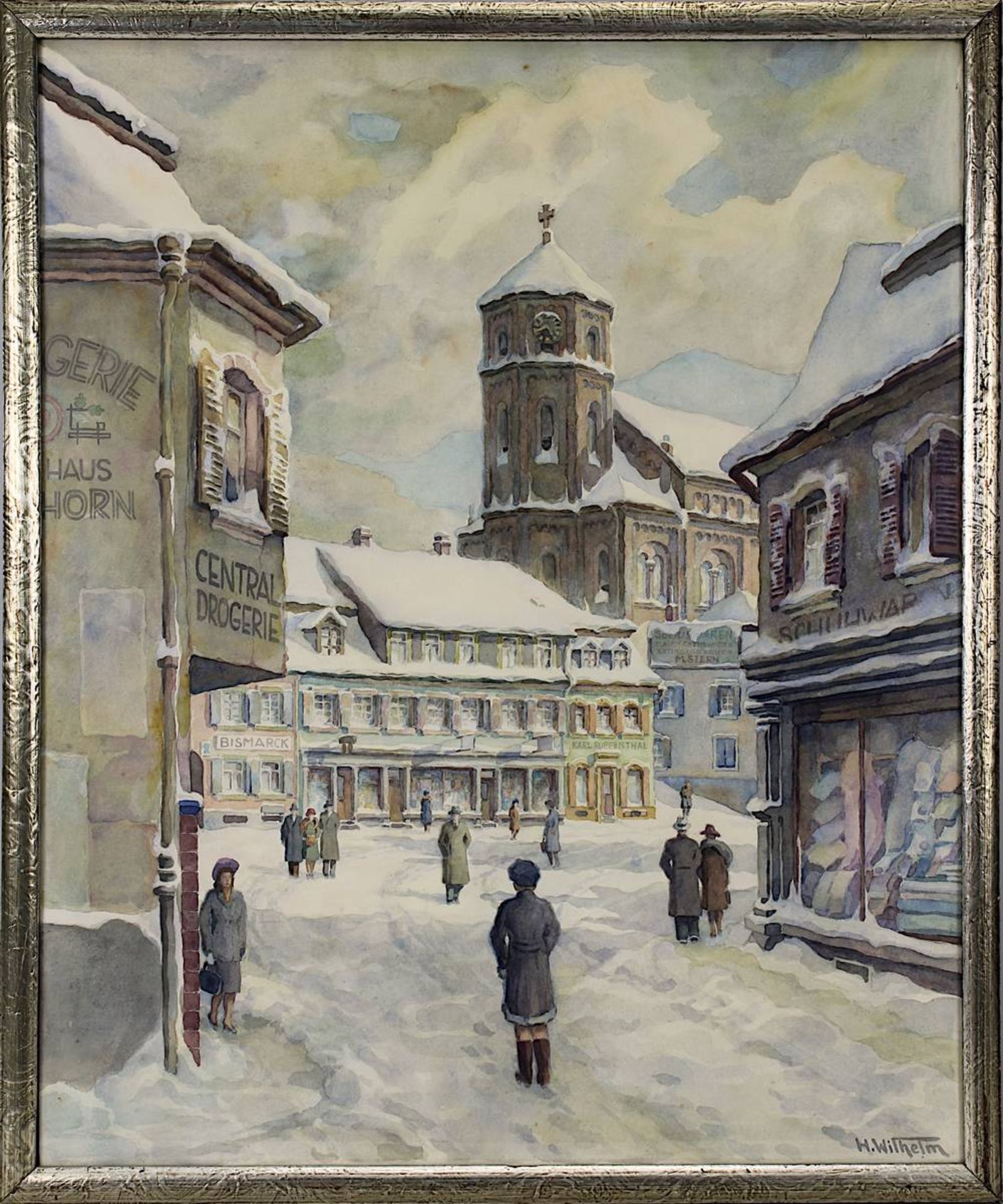 Wilhelm, Hermann (geb. 1899 Pirmasens) "Alter Homburger Markt-Platz im Schnee", im Hintergrund die