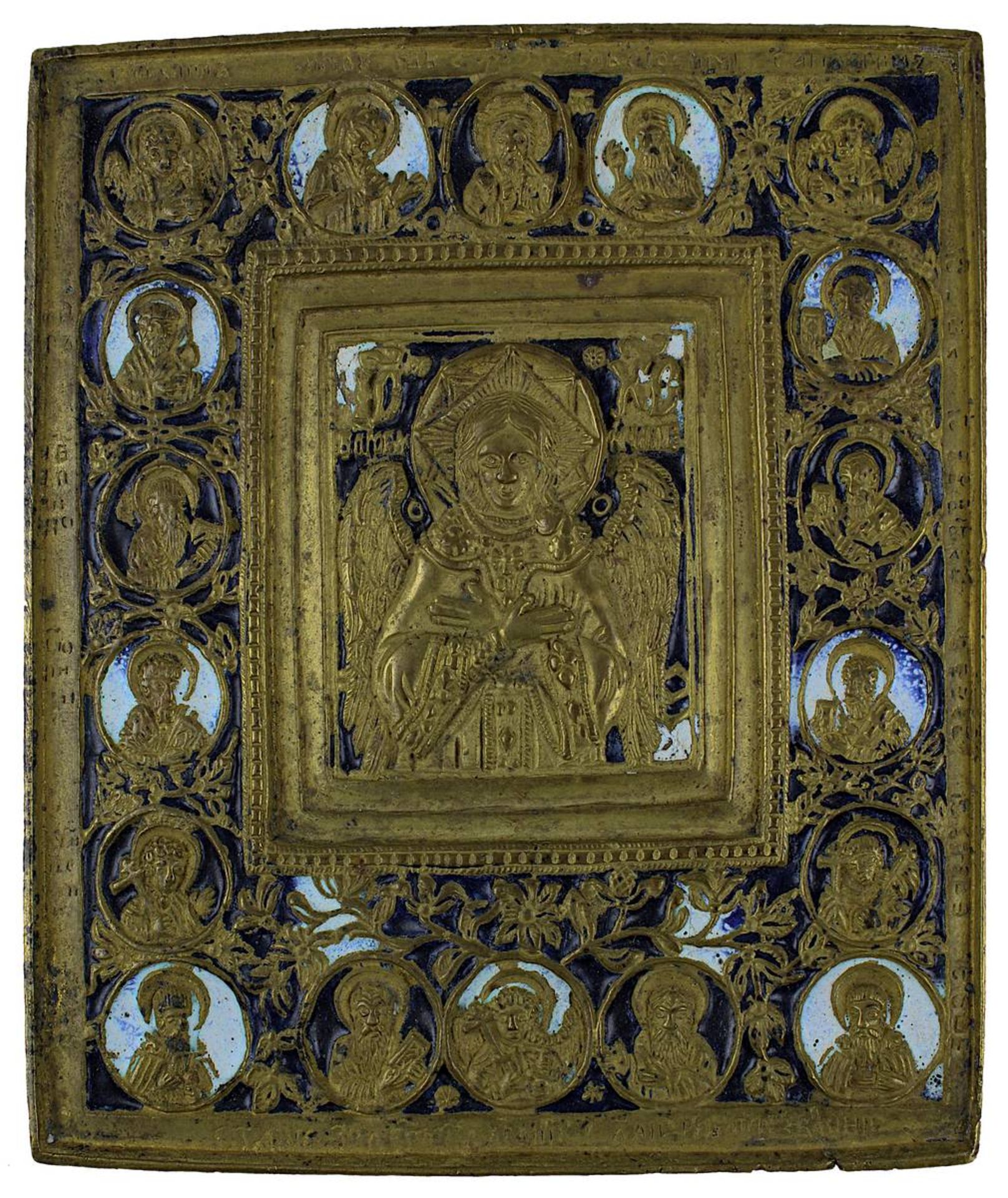 Bronze-Ikone heiliger Erzengel, Russland 1. H. 19. Jh., reliefiert u. weiß und blau emailliert,