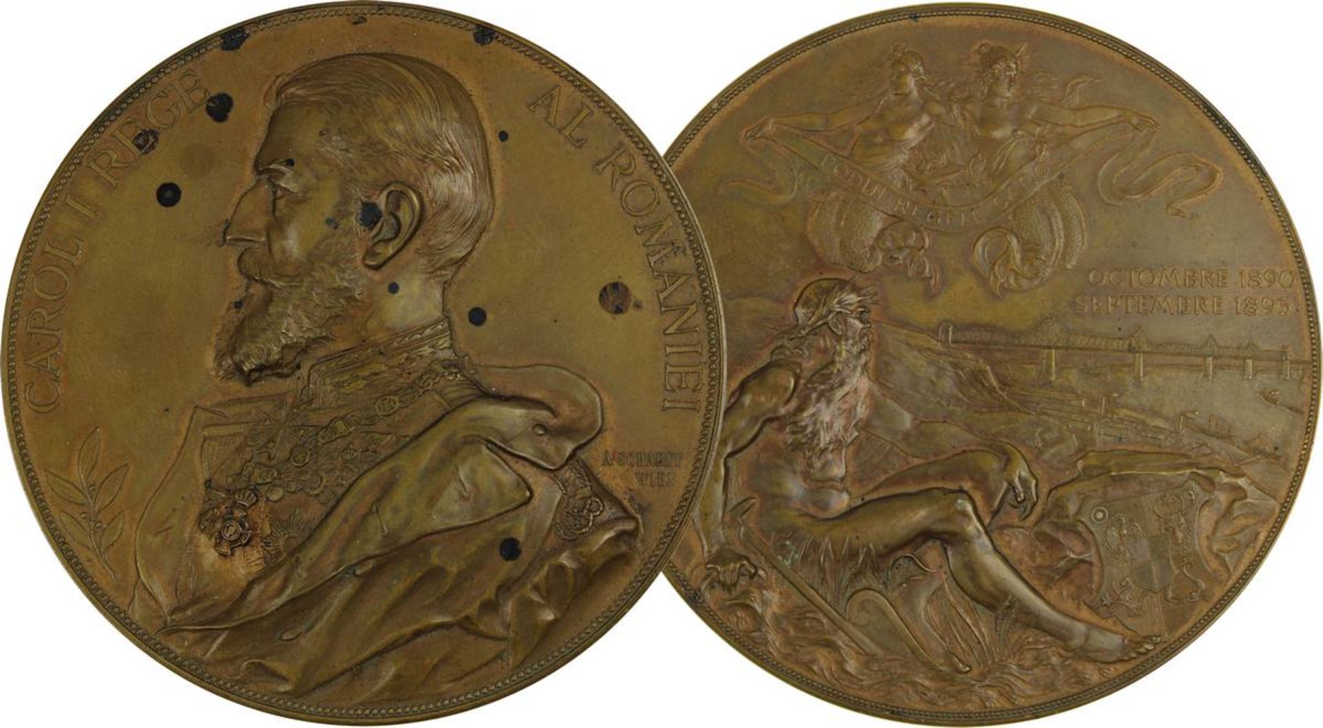 Bronzemedaille König Carol I. von Rumänien 1895, zur Eröffnung der König Karl-Eisenbahnbrücke über