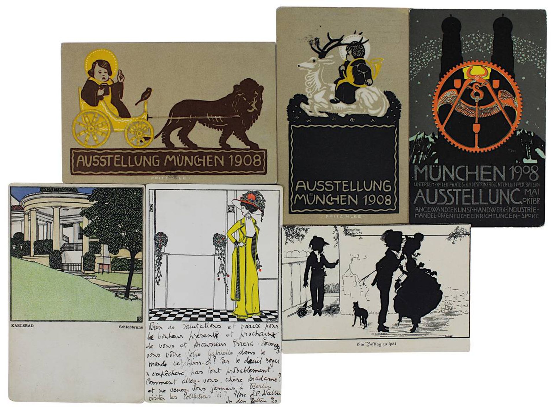 6 Jugendstil-Postkarten: 2 davon von den Wiener Werkstätten (Frau in gelbem Kleid, signiert J.