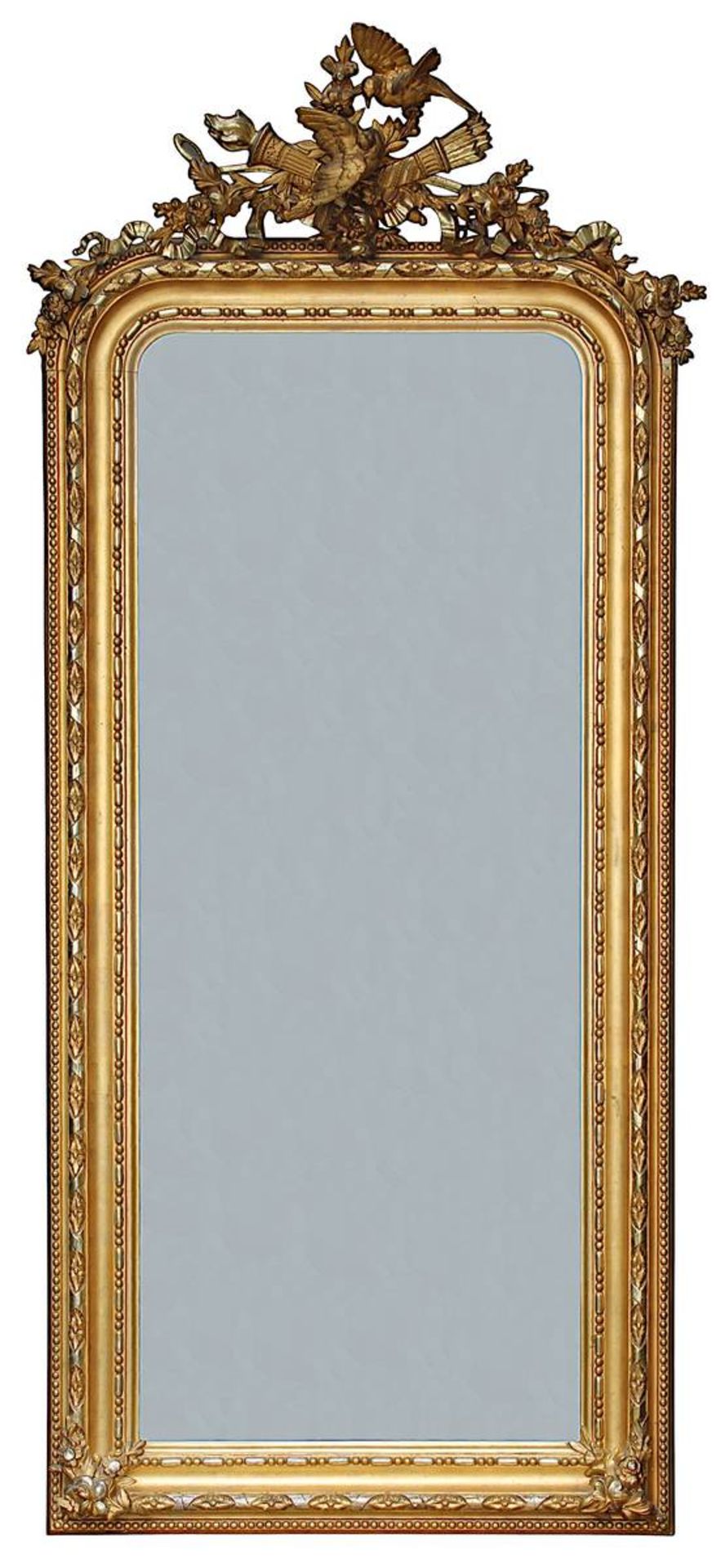Großer Spiegel, Frankreich um 1860, hochrechteckige Form, am oberen Rand mit abgerundeten Ecken,
